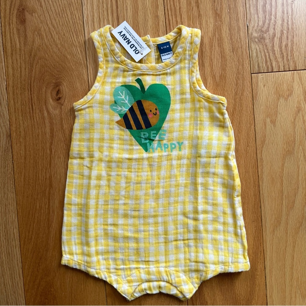 Old Navy Yellow Plaid Baby Romper with Bee Design